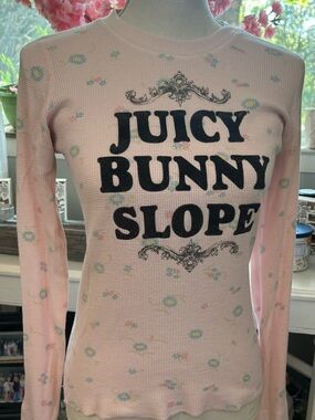 Rare Vintage Juicy Couture Pink Waffle Thermal Knit Top JUICY BUNNY SLOPE Size M